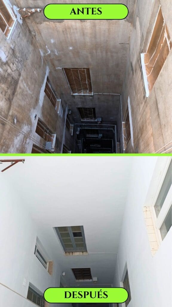 Transformación del patio interior en el Edificio Barraquer. Antes: paredes sucias y deterioradas. Después: fachada limpia y restaurada.