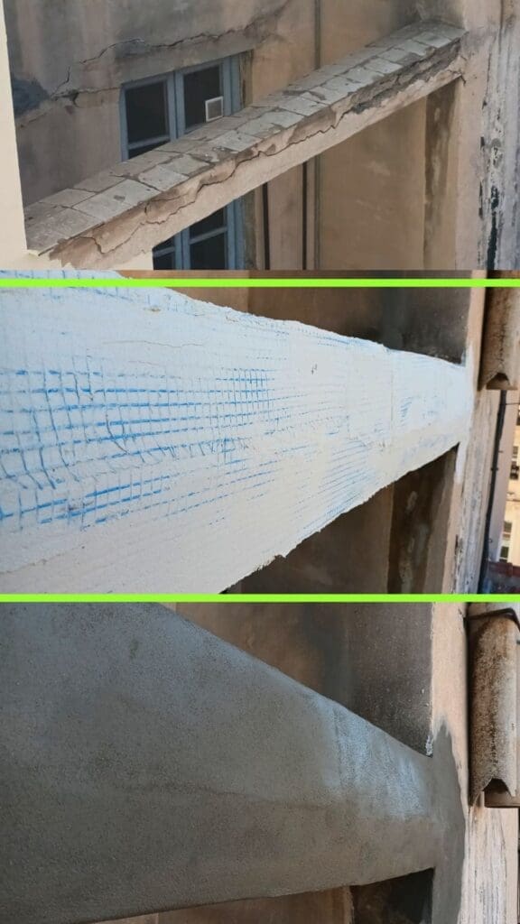Reparación de estructuras en el Edificio Barraquer. Antes: daños visibles y desgaste. Proceso: refuerzo con malla y recubrimiento.