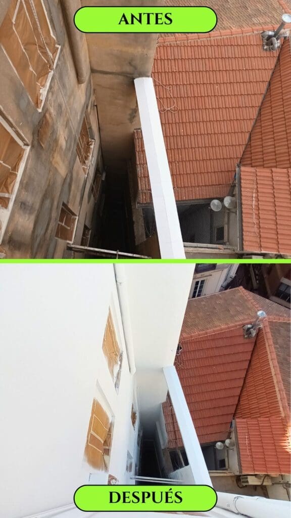 Rehabilitación del patio interior en el Edificio Barraquer. Antes: fachada deteriorada y sucia. Después: fachada renovada y pintada.