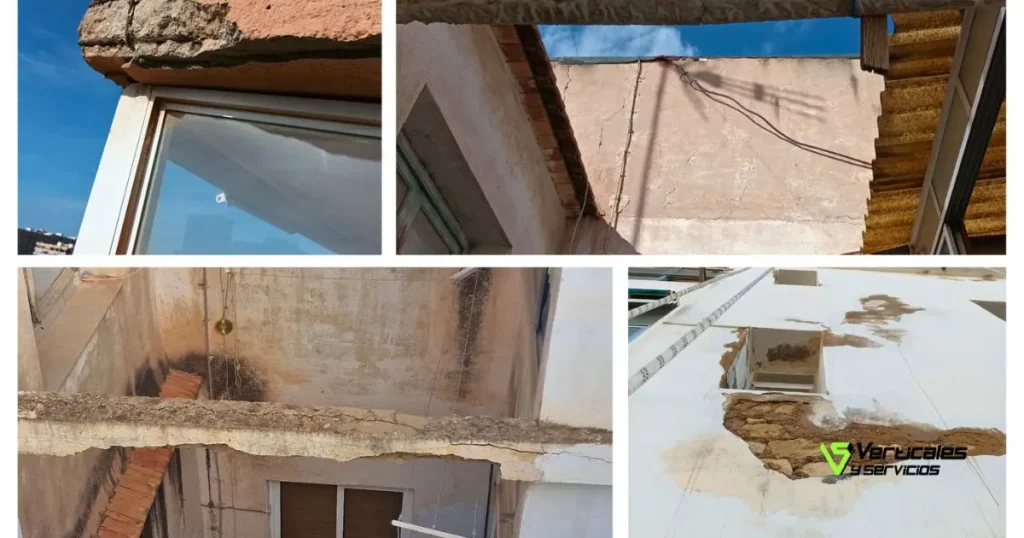 Cuatro imágenes de fachadas con desperfectos y roturas.