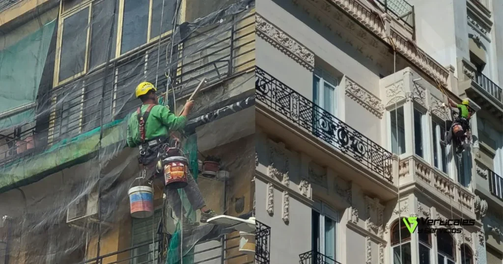 Operario haciendo un mantenimiento de fachadas.