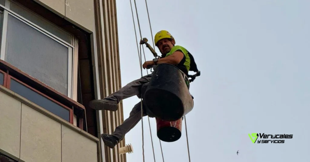 Operario efectuando trabajos verticales en fachada de edificio.