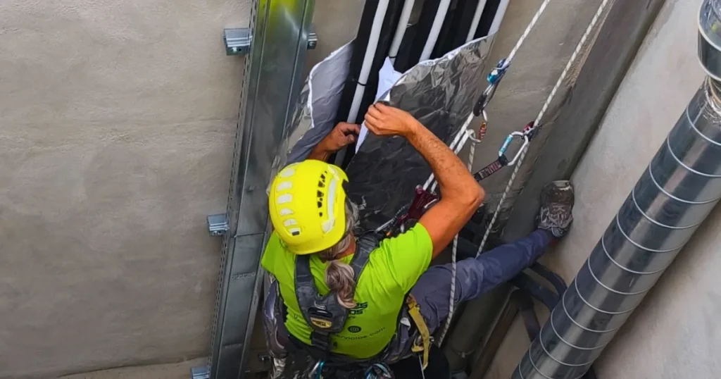 Descenso en patio interior por un operario de Verticales y Servicios con arnés de seguridad.