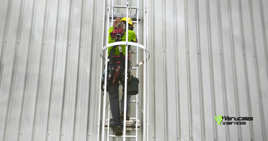 Trabajador en escalera de líneas de vida verticales.