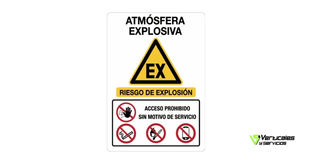 Señal de seguridad industrial advirtiendo de atmósfera explosiva (ATEX) y riesgo de explosión en áreas de almacenamiento y silos.
