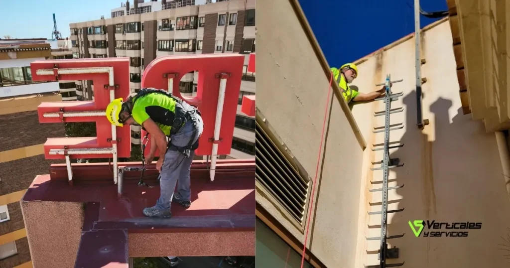 Operarios de Verticales y Servicios trabajando en altura con líneas de vida.