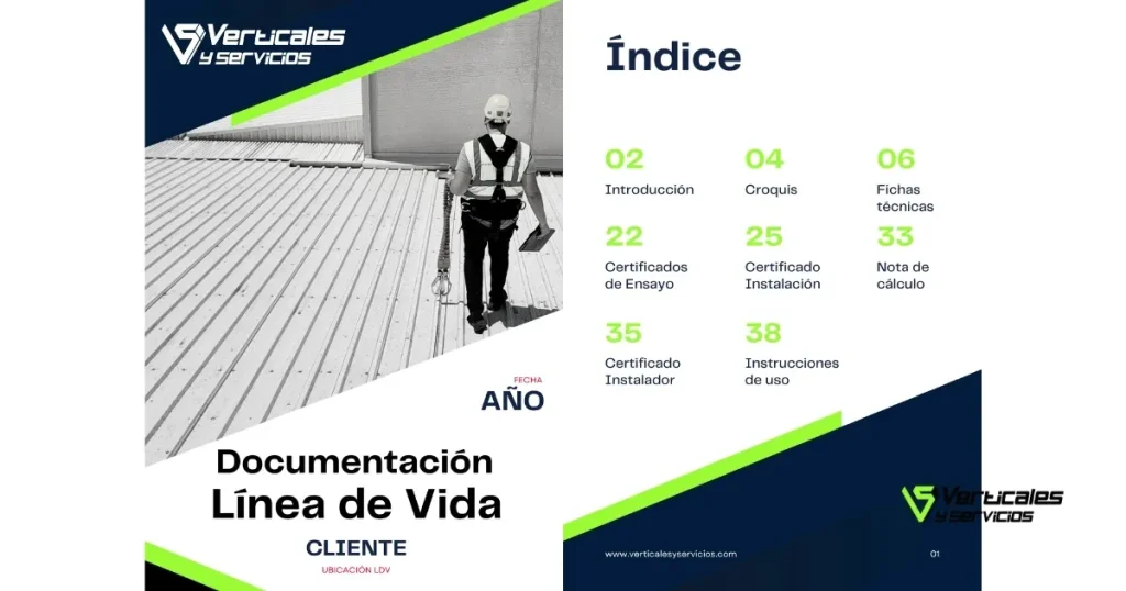 Portada e índice del documento que se acredita al cliente al efectuar una revisión y certificación de líneas de vida.