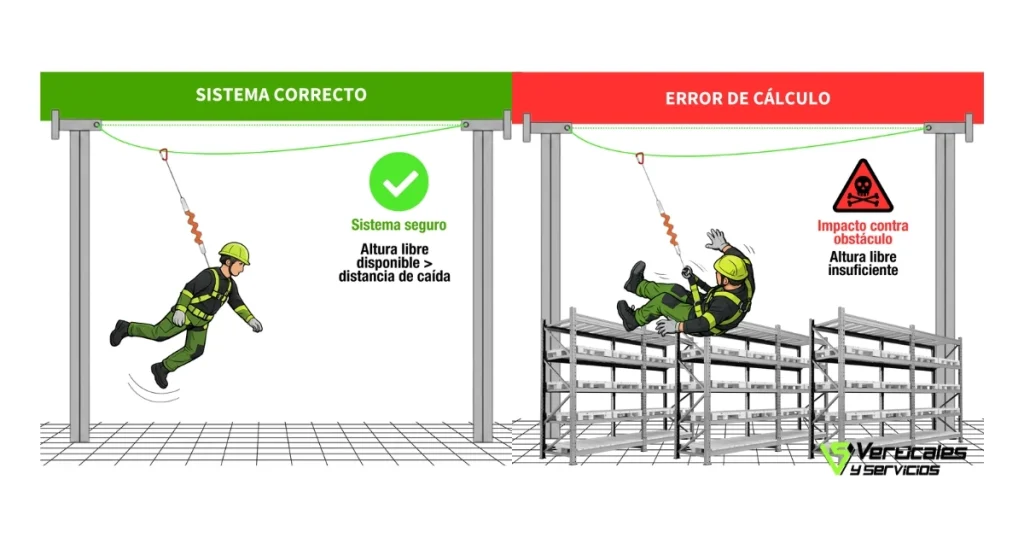 Esquema de prevención de riesgos que define las medidas base A, C y S en un sistema anticaídas antes de activarse el absorbedor.